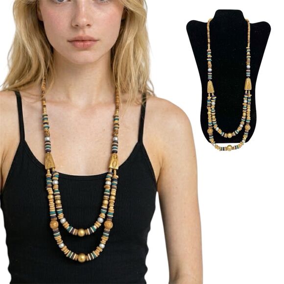 Casual Corner Jewelry - Vintage Casual Corner Double Strand Beaded Necklace Boho Wood Gold Tone Signed